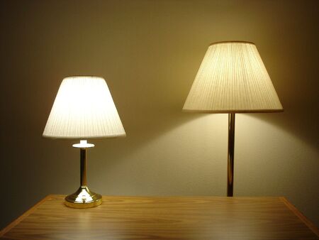Desktop and Floor Lamps with Wooden Tableの写真素材
