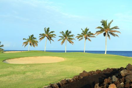 Green Hawaiian Golf Course on Lava Ocean Shore of Kona Islandの写真素材