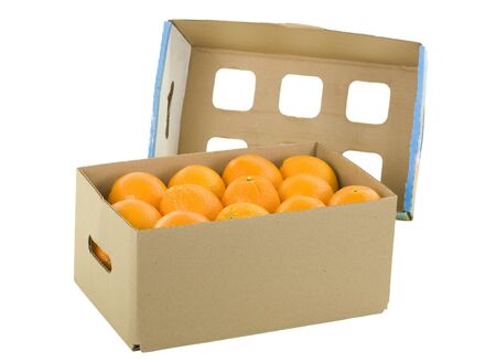 Fresh oranges in box with cover; isolated on white backgroundの写真素材