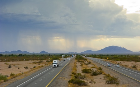 Dust and rain storm, Interstate-10 in Arizona desertの写真素材