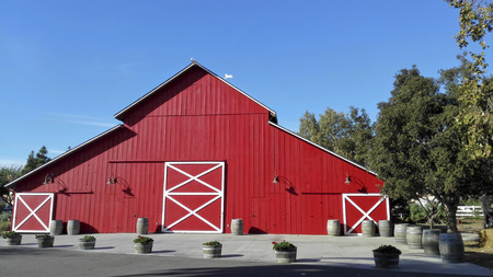 CAMARILLO, CA - JANUARY 27, 2015: Historic Red Wooden Barn at Camarillo Ranch; City of Camarillo museum of founder of the city Adolfo Camarilloのeditorial素材
