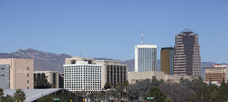 Cityscape of Tucson downtown and Santa Catalina mountain range, Arizonaの写真素材