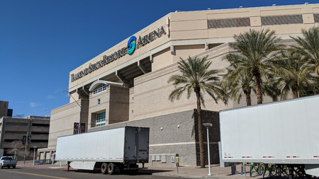 Phoenix, AZ, USA - March 5, 2018: Talking Stick Resort Arena with parked nearby trailers along...
