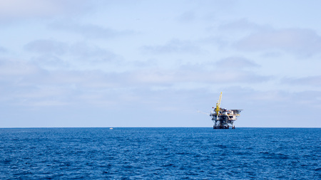 Ocean oil rig near Channel Islands off Ventura coast, Southern California; Copy space