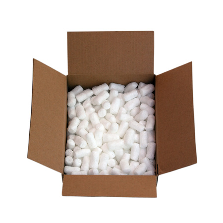 Cardboard shipping box filled with packing styrofoam peanuts, isolated on whiteの写真素材