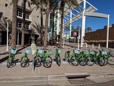 PHOENIX, AZ - JANUARY 22, 2019: Quick bicycle rental stand in Phoenix downtown next to Talking Stick...