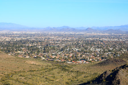 Aerial view of  Phoenix and Scottsdale from North Mountain Park hiking trail, Arizonaの写真素材