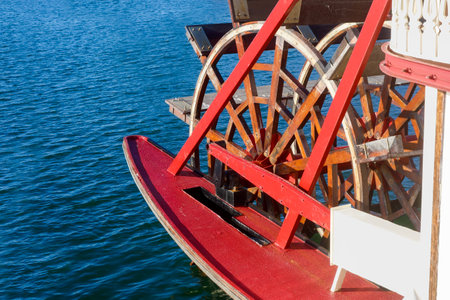 Closeup of wooden floats in a paddle wheel of vintage recreational steamerの写真素材