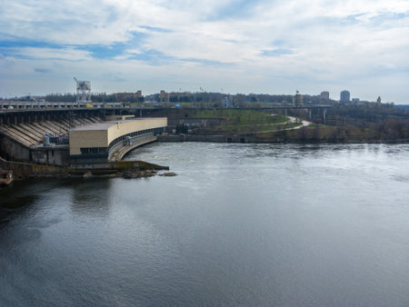 Dnieper Hydroelectric Power Stations HES-2 and dam, Zaporizhzhya, Ukraine. The dam and HES-1 were built in the USSR with American help between 1927-1932.の写真素材