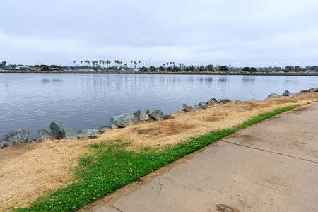 Distant view of boats and yachts in West Mission bay marina as seen from Mission Point park, San...