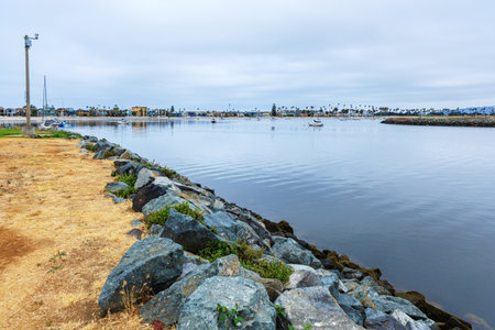 Moored boats and yachts in Mariners basin as seen from Mariners Point park near Mission bay Entrance...