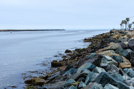 Mission Bay Entrance Channel near its exit to Pacific ocean with rocky shoreline covered in...