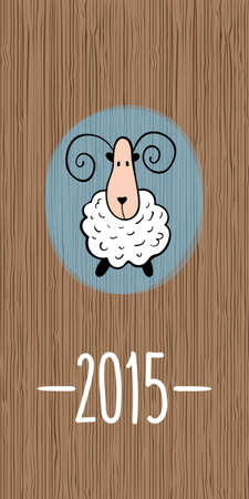 New Year greeting card with sheep  - chinese symbol of 2015 year - and wooden backgroundのイラスト素材