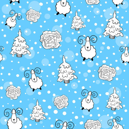 Winter seamless pattern with sheep, firs and cabbageのイラスト素材