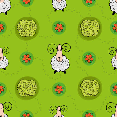 Summer seamless pattern with sheep, cabbage, flowers and animal foot printsのイラスト素材
