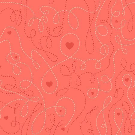 Seamless vector pattern with curly dashed lines and hearts