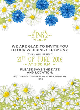 Wedding invitation template with hand drawn cornflowers and chamomilesの写真素材