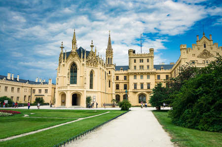 Lednice, Moravia, Czech Republic, June 17, 2018: Lednice castle front view with neogothic facade and a landscaped parkのeditorial素材