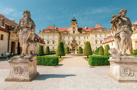 Valtice, Lednice, Moravia, Czech Republic; June 17, 2018: Frontyard and a renaissance facade of the...