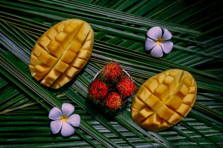 Mango, rambutan and frangipani flower on a palm leaf. Fresh Tropical Fruitsの写真素材