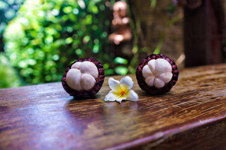 Mangosteen Fruit with white Frangipani Plumeria Flower