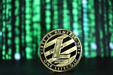 litecoin coin on abstract matrix green backgroundの写真素材