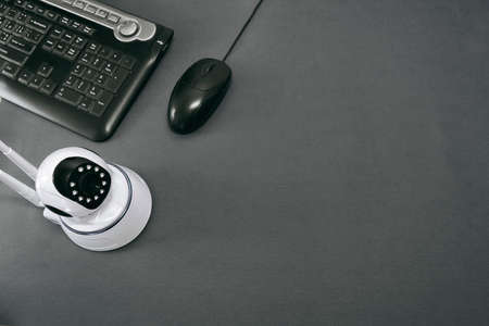 wireless wi-fi IP camera and computer devices on black backgroundの写真素材