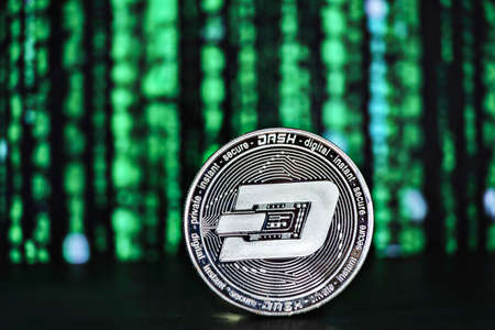 dash coin on abstract matrix green backgroundの写真素材