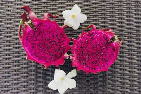 Dragon fruit on woodの写真素材