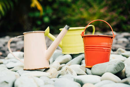 Colorful watering cans for plants at flowersの写真素材