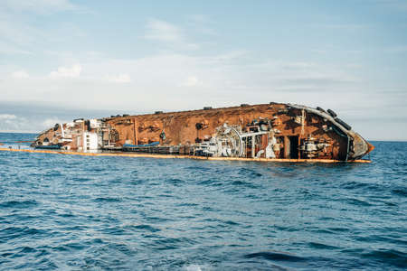 ODESSA, UKRAINE - 11 23 2019: The bow of the small tanker DELFI which crashed off the coast of...