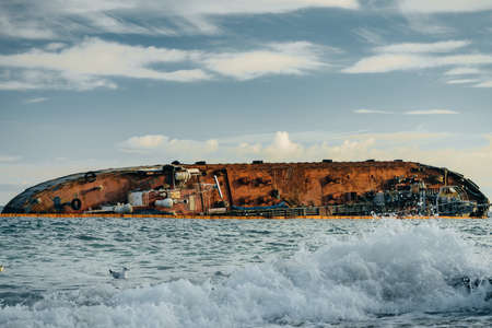 The bow of the small tanker DELFI which crashed off the coast of Odessa making ecological disasterの写真素材