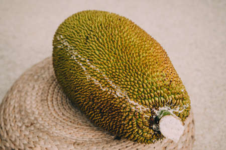 Big jack fruit on the rattan backgroundの写真素材