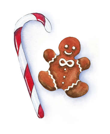 Christmas gingerbread and caramel spiral stick. Watercolor sketch.