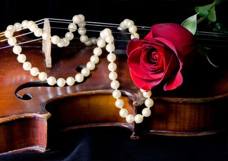 Beautiful red rose and string of pearls lay across old violin on black background.の写真素材