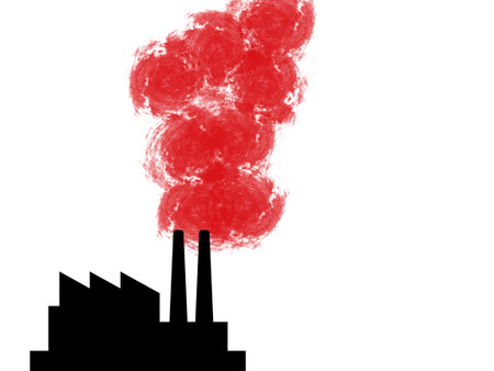 Illustration of silhouette of factory polluting the environment with red carbon dioxide chimney. Gas and polluted climate concept.の写真素材
