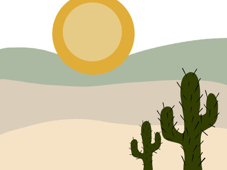 Illustration of cactus silhouette, sun and dunes in the hot desert.の写真素材