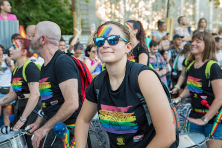 Madrid, Spain, July 09, 2022. Madrid Pride Parade 2022 with people walking along one of the main streets of the city. . High quality photoのeditorial素材