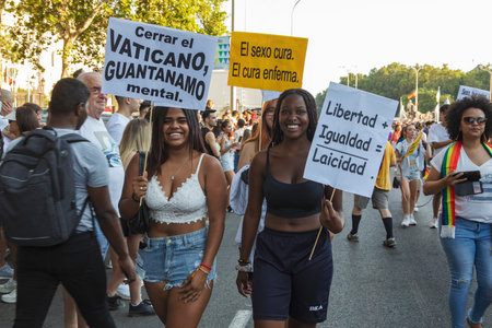 Madrid, Spain, July 09, 2022. Madrid Pride Parade 2022 with people walking along one of the main streets of the city. . High quality photoのeditorial素材