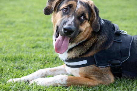background of Spanish mastiff puppy, 8 months old, sitting in green meadow