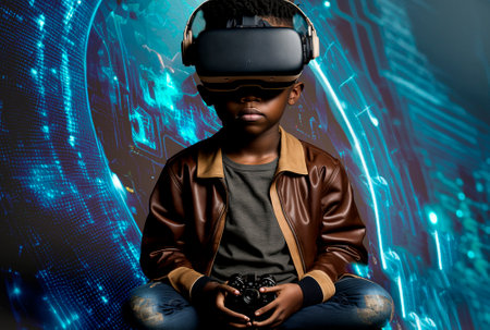 Portrait of a futuristic gamer with vr glasses. A high-tech man from the future. The concept of...