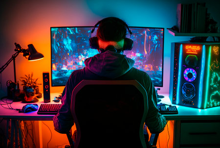 generated with artificial intelligence, A guy is a gamer or a streamer in front of a computer...