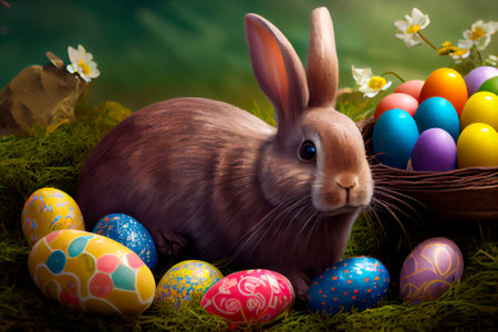 Easter eggs in straw nest with playful bunny, Ai Generative. High quality photos