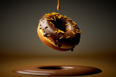 AI GENERATIVE, delicious chocolate-dipped donuts fly through the air, . high quality illustrationの写真素材