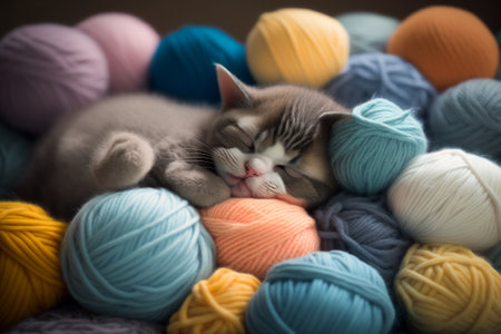 AI GENERATIVE, kitten sleeping among colorful wool balls. high quality illustrationの写真素材