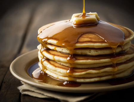 AI GENERATIVE, Pancakes and syrup breakfast food. high quality illustrationの素材