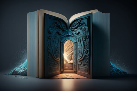AI GENERATIVE, a giant open book in which there is a door that transports you to a world full of fantasy, . High quality photoの素材