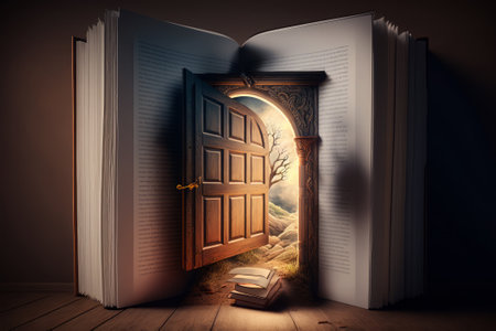 AI GENERATIVE, a giant open book in which there is a door that transports you to a world full of fantasy, . High quality photoの素材
