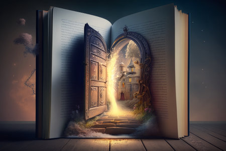AI GENERATIVE, a giant open book in which there is a door that transports you to a world full of fantasy, . High quality photoの素材