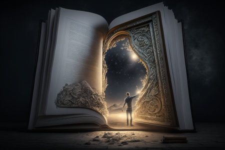 AI GENERATIVE, a giant open book in which there is a door that transports you to a world full of fantasy, . High quality photoの素材
